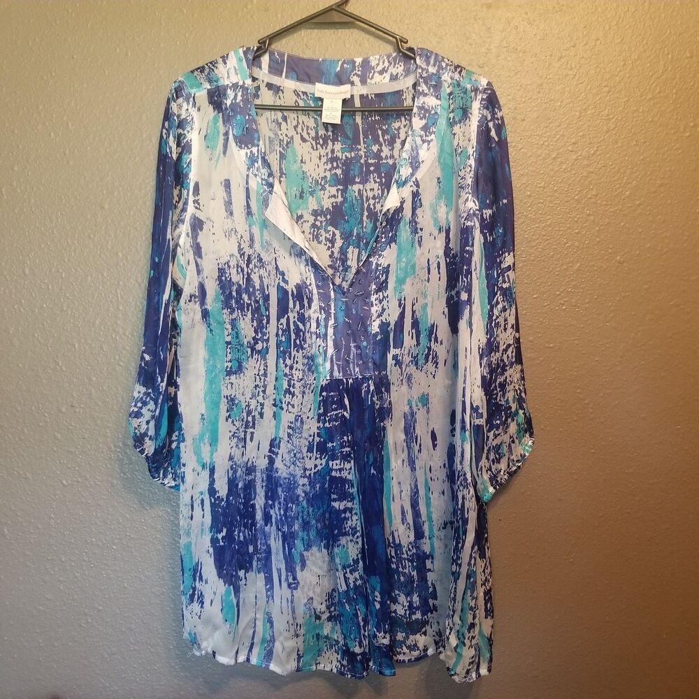 Soft Surroundings L Top 100% Silk Blue Sheer Beaded 3/4 Sleeves Lagenlook Boho